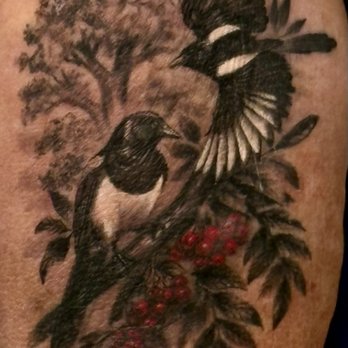 Summit Tattoo and Piercing - Tattoo of two Magpies perched on a Rowen Tree - Tattoo Near Me - Parker, Colorado Summit Tattoo and Piercing - Tattoo of two Magpies perched on a Rowen Tree - Tattoo Near Me - Parker, Colorado