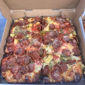 Little Dynamite - Cowabunga! - whole milk mozzarella, provolone, crushed tomato sauce, ezzo pepperoni, pistachio pesto, pineapple, parm - Pizza Near Me - Los Angeles, California