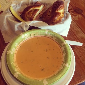 Park Row Market No. 1 - Hot ham and cheese, sweet and spicy mustard, on a pretzel bun with a bowl of lobster bisque!! - Delis Near Me - Edgefield, South Carolina