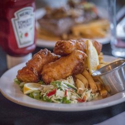Longliner Lodge Restaurant - Beer Battered Alaskan Halibut, Crispy French Fries, Cole Slaw and Beach Asparagus Tartar Sauce.