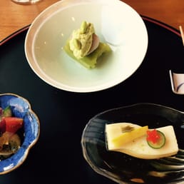 Tsukidashi (“Suisho Nasu” Deep fried and aubergine with soy bean sauce “Kani Kyuri” crab salad, cucumber and tomato with Tosa vinegar jelly Tsukidashi (“Suisho Nasu” Deep fried and aubergine with soy bean sauce “Kani Kyuri” crab salad, cucumber and tomato with Tosa vinegar jelly