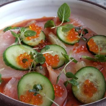 Animae - Hiramasa with watermelon yusu,aguachile, trout rose and cucumber - Asian Fusion Near Me - San Diego, California Animae - Hiramasa with watermelon yusu,aguachile, trout rose and cucumber - Asian Fusion Near Me - San Diego, California