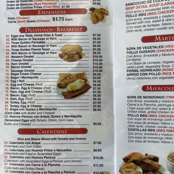 El Gustazo - Menu - Menu displays various Colombian cuisine options including side orders like chicharron and chorizo, empanadas with chicken or cheese, breakfast items such as eggs, omelets, and bacon, and calentado dishes with rice, beans, and eggs. Prices range from $3 to $16, with detailed descriptions of each dish. The menu is organized into sections with headings and includes images of food items. - Colombian Near Me - Flushing, New York
