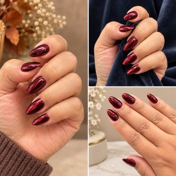 OMG Nails & Spa - Queen worked her magic with layers of brown, chrome, and red to create this stunning cherry-burgundy, mirror-like finish. - Nail Salons Near Me - Cupertino, California