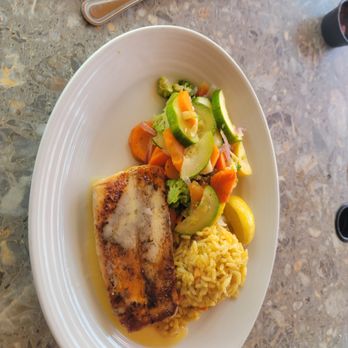 Fish Tales - 09.30.25 - my main course, blackened mahi mahi, steam veggies and rice pilaf - Seafood Near Me - Galveston, Texas Fish Tales - 09.30.25 - my main course, blackened mahi mahi, steam veggies and rice pilaf - Seafood Near Me - Galveston, Texas