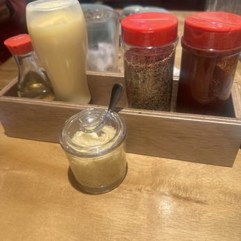 Satoshi Ramen Shop - Sauces and toppings Mirin, Kewpie, garlic, sesame, chili powder - Ramen Near Me - Burlingame, California