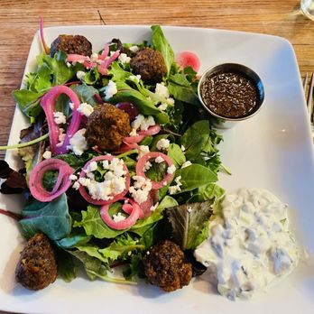 Snallygasters Cafe And Wine Bar - Lamb meatball salad w/pickled onions, feta cheese - homemade tzatziki - Wine Bars Near Me - Bolivar, West Virginia