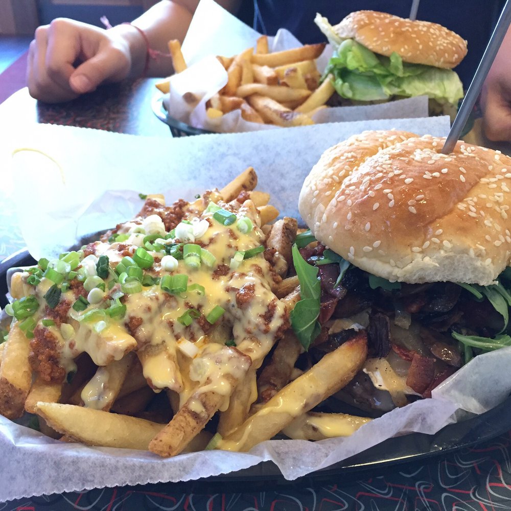 Brie single burger with all the way fries Brie single burger with all the way fries