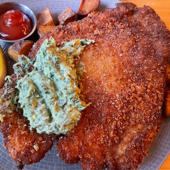 Bronwyn on Battenkill - Schnitzel with a cucumber sauce and their specialty potatoes - German Near Me - Arlington, Vermont