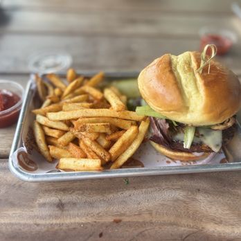 Headlands Brewing - Black bean chipotle burger with seasoned fries - Beer Gardens Near Me - Walnut Creek, California
