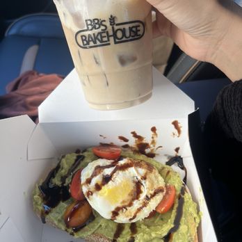 BB’s Bakehouse - Avocado toast with eggs. Medium 16 oz Iced Shaken Espresso - Bakeries Near Me - Miami Lakes, Florida