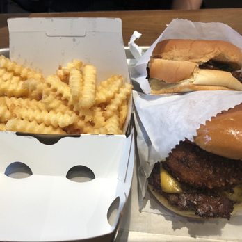 Shake Shack Downtown Cleveland - ShackBurger (top), ShackStack (Bottom), Crinkle Fries - Fast Food Near Me - Cleveland, Ohio