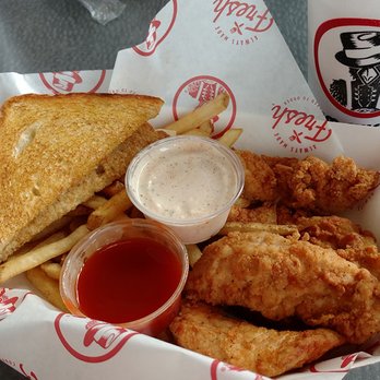 Slim Chickens - "Slim's Plate" with "hot" sauce and cayenne ranch sauce. With fries, Texas toast, and a drink for under ten bucks. - Southern Near Me - Champaign, Illinois Slim Chickens - "Slim's Plate" with "hot" sauce and cayenne ranch sauce. With fries, Texas toast, and a drink for under ten bucks. - Southern Near Me - Champaign, Illinois