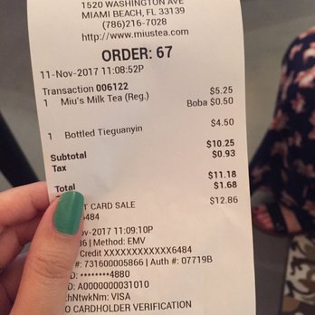 Miu's Tea - Total bill for 2 drinks. - Bubble Tea Near Me - Miami, Florida Miu's Tea - Total bill for 2 drinks. - Bubble Tea Near Me - Miami, Florida