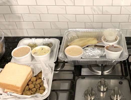 Photo of Hard Eight BBQ - The Colony, TX, US. fried okra, potato salad, mac n cheese, baked potato, roasted corn, bbq sauces, banana pudding