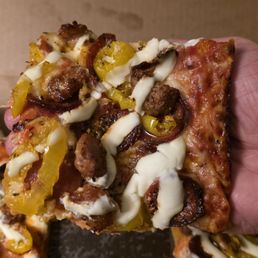 One Pie Pizza - QTR Sheet (6 slice) Cheese, Pepperoni, Italian Sausage, Banana Peppers Pizza w/Ricotta cheese drizzled on top: Plenty of sweet red sauce! - pizza, food - Pizza Near Me - West Seneca, New York