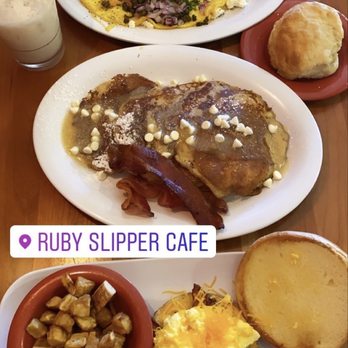Ruby Slipper Uptown - Bread pudding pancakes salmon omelet biscuit with cane butter, scrambled eggs with cheese, bourbon milk punch (yum!!) - Cafes Near Me - New Orleans, Louisiana