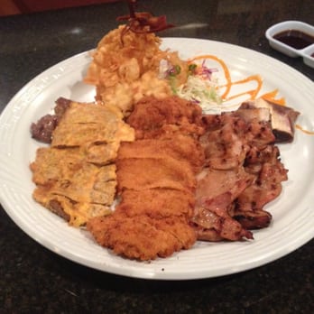 Kim Chee Restaurant - Two People Special with shrimp tempura, meat jun, kalbi, and BBQ chicken on a plate the size of a medium pan pizza! - Korean Near Me - Kailua, Hawaii Kim Chee Restaurant - Two People Special with shrimp tempura, meat jun, kalbi, and BBQ chicken on a plate the size of a medium pan pizza! - Korean Near Me - Kailua, Hawaii
