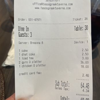 Taso's Greek Taverna - Receipt - Greek Near Me - Delray Beach, Florida