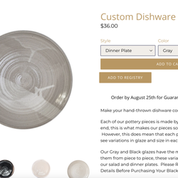Custom Pottery Listing in our online store, showing the drips and variation in glaze that is expecting in the gray pieces.