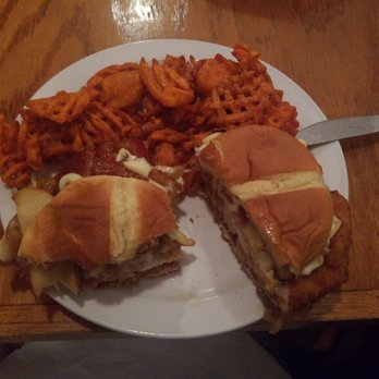Jordan Street Cafe - Maple bacon fried chicken sandwich with sweet potato waffle fries. - New American Near Me - Brevard, North Carolina