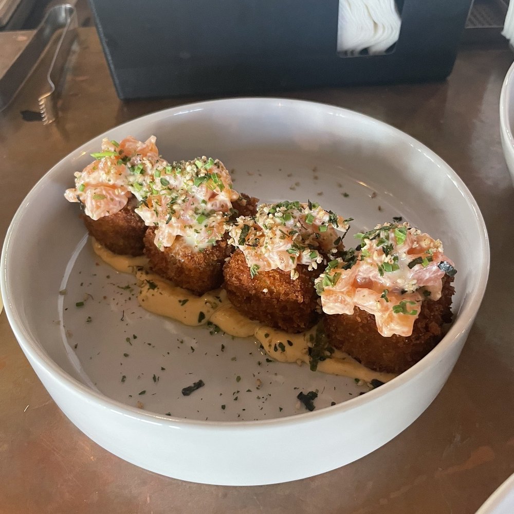 Rose Gose - Croquettes with smoked salmon and wasabi - Cocktail Bars Near Me - Austin, Texas Rose Gose - Croquettes with smoked salmon and wasabi - Cocktail Bars Near Me - Austin, Texas