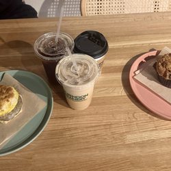 The Rendon Creamery - Jalepeno sausage biscuit sandwich, blueberry muffin, coffee