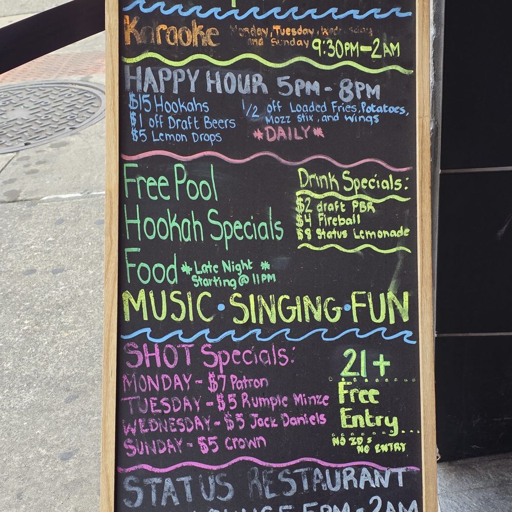 Status Restaurant & Lounge - A Blackboard with happenings here. - Lounges Near Me - Roanoke, Virginia Status Restaurant & Lounge - A Blackboard with happenings here. - Lounges Near Me - Roanoke, Virginia
