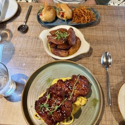 Pasta alla huancaina, Patatas bravas, and Pork belly banh mi Pasta alla huancaina, Patatas bravas, and Pork belly banh mi