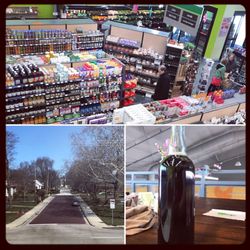 Shot from the store's upper level seating area, looking out to the Davis mansion, and a bomber of Funk's Grove maple sirup!