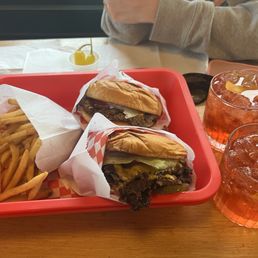 Double Hut Burger, single hut impossible burger, 2 Negronis and fries