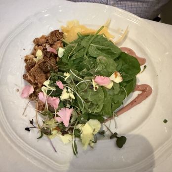 Erling Jensen The Restaurant - Spinach salad with pecan almond brittle. - French Near Me - Memphis, Tennessee Erling Jensen The Restaurant - Spinach salad with pecan almond brittle. - French Near Me - Memphis, Tennessee
