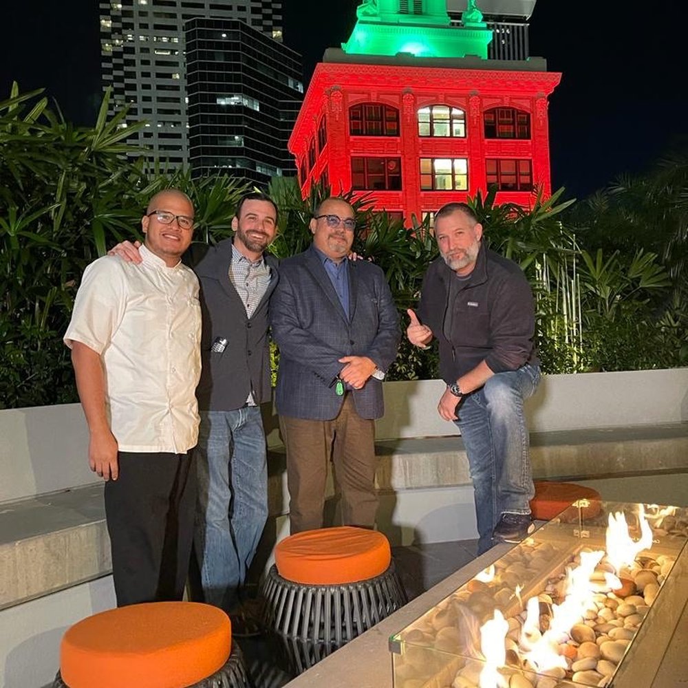 Evening view from the 4th floor Elevar Terrace. Love that fire pit! Evening view from the 4th floor Elevar Terrace. Love that fire pit!