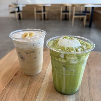 Caffe In Coffee Roasters - Banana Cream Top Latte and Matcha Cream Top Latte - Coffee & Tea Near Me - Tustin, California Caffe In Coffee Roasters - Banana Cream Top Latte and Matcha Cream Top Latte - Coffee & Tea Near Me - Tustin, California