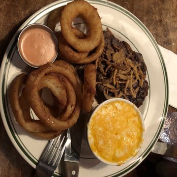 George's Corner - Grilled Rib Eye added Mac Cheese w/ onion rings - American Near Me - St George, Utah George's Corner - Grilled Rib Eye added Mac Cheese w/ onion rings - American Near Me - St George, Utah