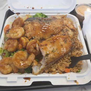 Flame Japanese Hibachi - Shrimp and Salmon Platter! I dug into this platter right away and couldn't wait, my mouth was wanting this food all day lol. - Japanese Near Me - Alexandria, Virginia