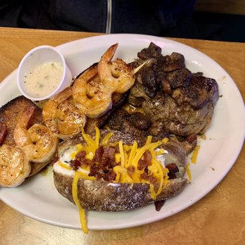 Texas Roadhouse - Combo 8 oz sirloin smothered with mushrooms and onions and shrimp with loaded baked potato - Steakhouses Near Me - Danbury, Connecticut