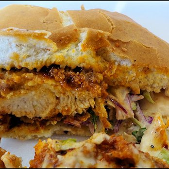Flame-N-Chickz - I cut my "Slider" in half so I could look at a cross-section of the goodness this sandwich offers. - Salad Near Me - Roseville, California