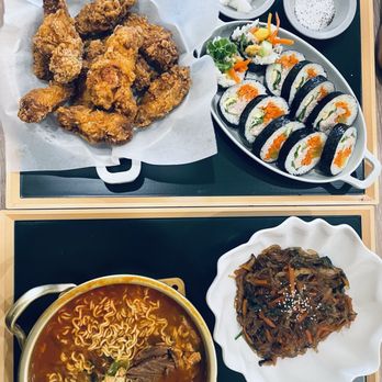 Matna 1631 - Our meal- KFC, tuna kimbab, beef brisket ramen, jepchae - Korean Near Me - Ventura, California