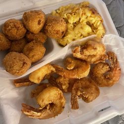 K&M Food Truck and Catering - Fried shrimp, hush puppies, and mac and cheese