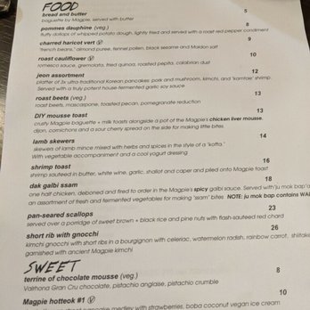 The Magpie - Menu. Appears to change daily. They also have a small selection of wine available by glass or bottle and canned or bottled local beer. - New American Near Me - San Antonio, Texas The Magpie - Menu. Appears to change daily. They also have a small selection of wine available by glass or bottle and canned or bottled local beer. - New American Near Me - San Antonio, Texas