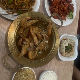 Beef noodle, orange chicken, Salt & Pepper Shrimp, spicy wonton