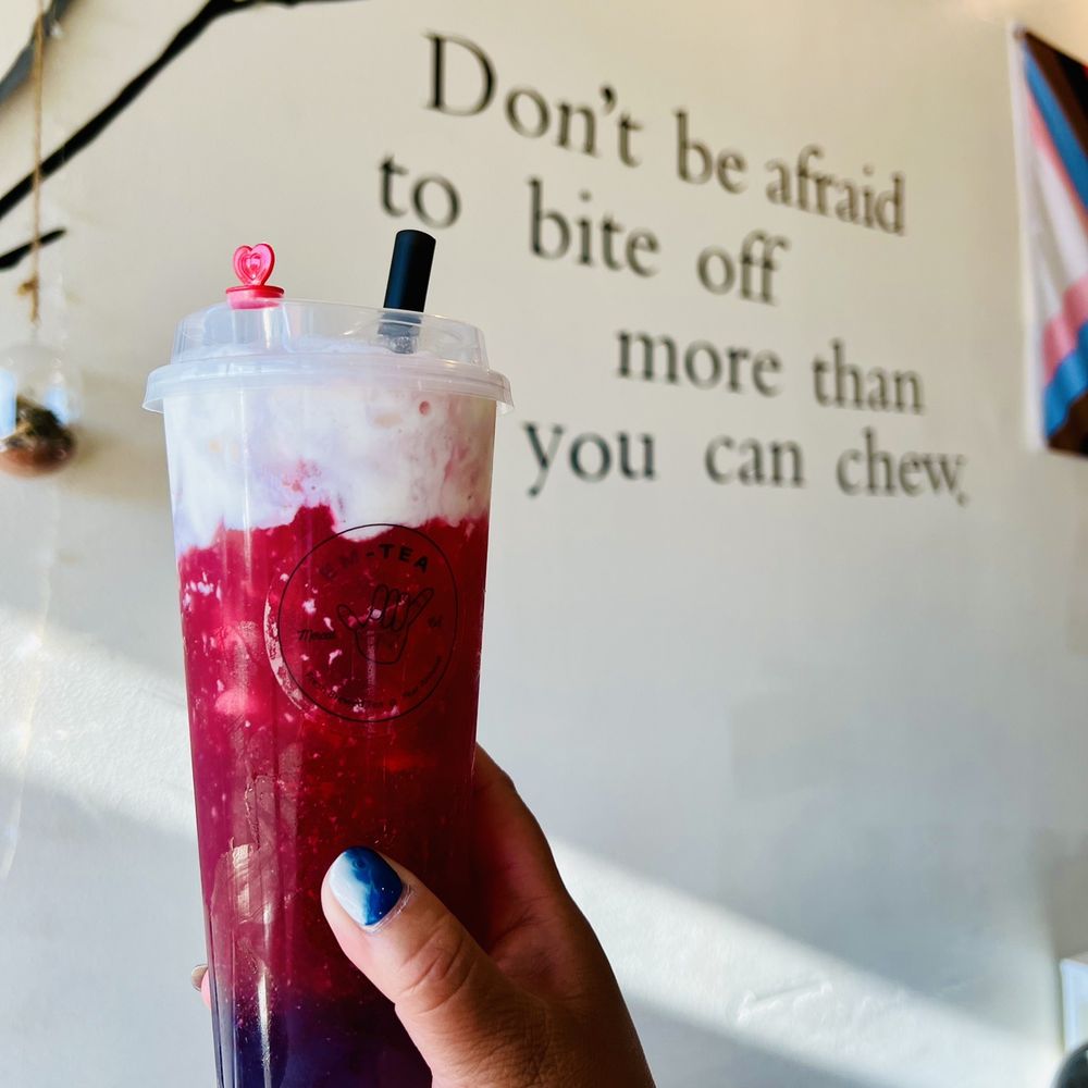 Rose tea with Taro Boba and cheese foam. Rose tea with Taro Boba and cheese foam.