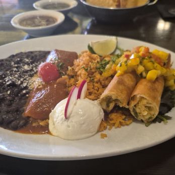 Cha Cha's Latin Kitchen - Lunch special, Enchilada, flautas w mango salsa. Black beans are so good. - Bars Near Me - Brea, California Cha Cha's Latin Kitchen - Lunch special, Enchilada, flautas w mango salsa. Black beans are so good. - Bars Near Me - Brea, California