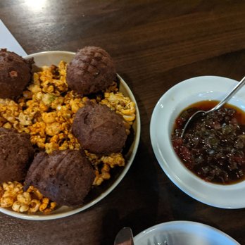 Landrace - Popcorn and Hopi Blue Corn hushpuppies with pepper jelly - New American Near Me - San Antonio, Texas Landrace - Popcorn and Hopi Blue Corn hushpuppies with pepper jelly - New American Near Me - San Antonio, Texas