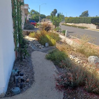 California NatureScaping - Beautiful dry river bed and path with bridge he designed to adapt to my sloping yard and improve water retention - Landscaping Near Me - Ramona, California