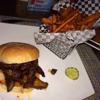 Bully Hill Vineyards - Portobello burger with sweet potato fries (they charge you full amount for adding these as side $5.99 which was a lot) - Wineries Near Me - Hammondsport, New York