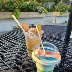 A fluffernutter sundae and a Shark Attack (blue raspberry blended with vanilla soft serve, grenadine and a few shark shaped gummy candies)