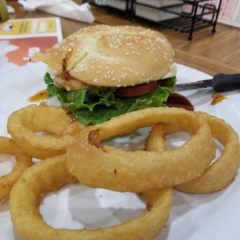 Denny's - Build your burger: Grilled chicken with everything minus pickle + mayo + bourbon sauce $11.19 + Onion Rings $.99 (its like only 5 rings) - American Near Me - Las Vegas, Nevada Denny's - Build your burger: Grilled chicken with everything minus pickle + mayo + bourbon sauce $11.19 + Onion Rings $.99 (its like only 5 rings) - American Near Me - Las Vegas, Nevada