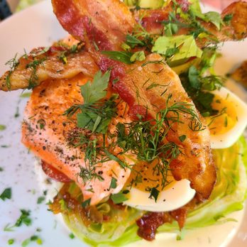 Moxies Victoria Restaurant - Cobb Salad with salmon.  Best Cobb Salad we've ever had. - Canadian (New) Near Me - Victoria, British Columbia